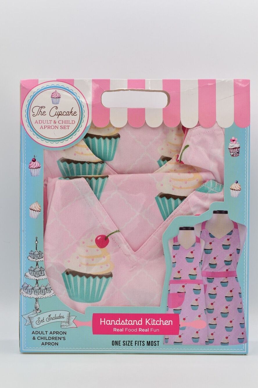 Adult & Child Apron Set Cotton Pink Cupcakes 2 Aprons Handstand Kitchen NEW